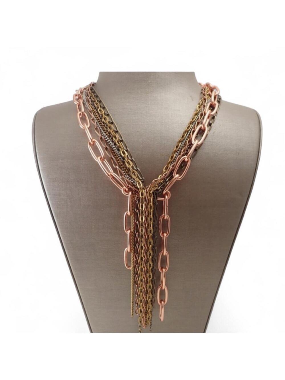 Gemma Multi-Colored Mixed Metal Chain Necklace with Tassels in Rose Gold and Brn